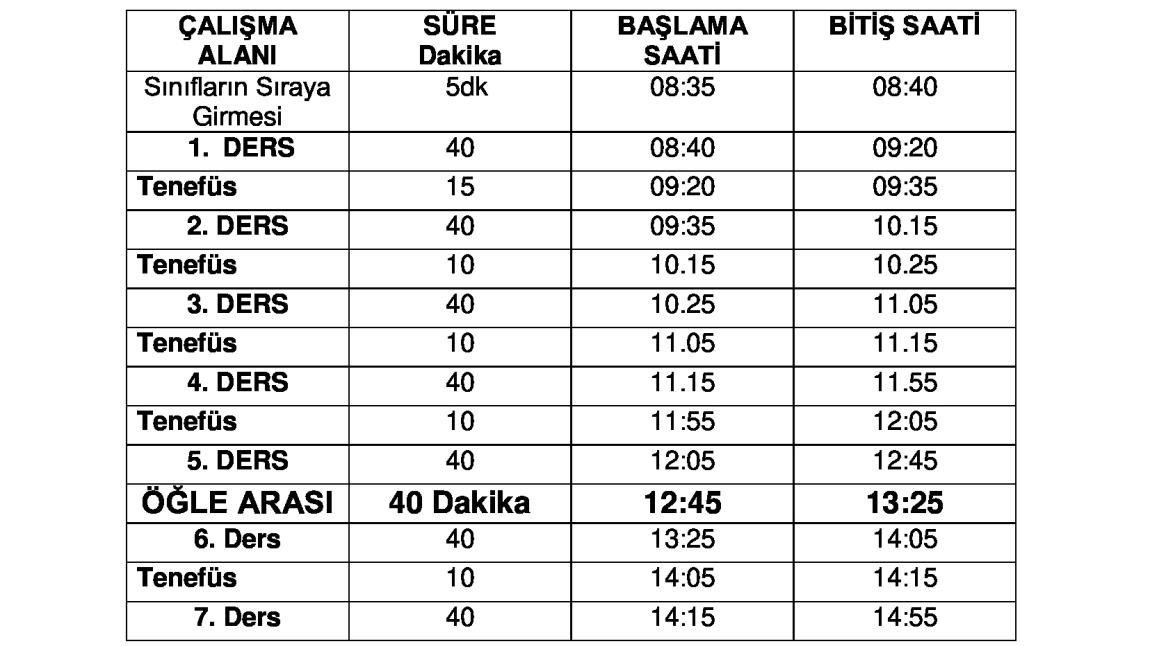 Okul Giriş ve Çıkış Saatlerimiz