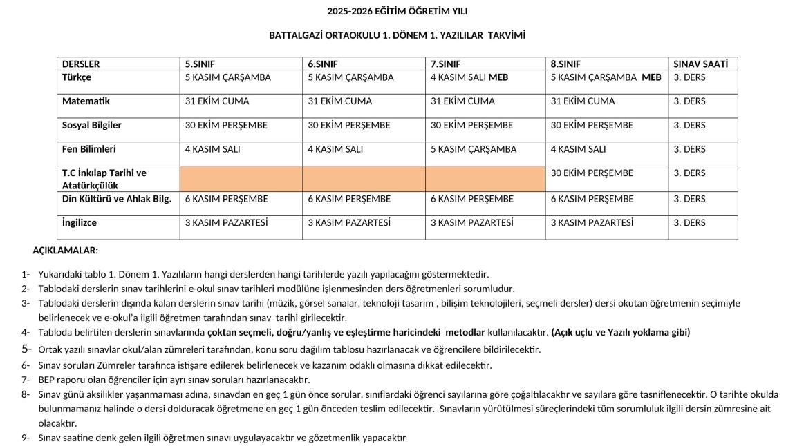 2025/2026 EĞİTİM ÖĞRETİM YILI 1 DÖNEM 1. ORTAK YAZILI TARİHLERİMİZ